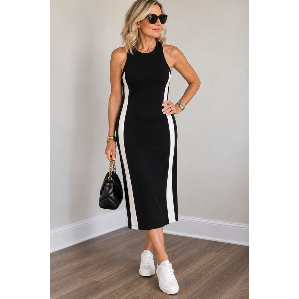 Spanx Air Essentials Women's Dress Black White Stripe Sleeveless, Petite Small